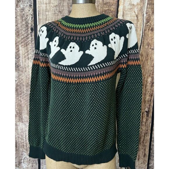 ModCloth Sweaters - ModCloth You’ve Been Ghosted Green Ghost Fair Isle Crew Halloween Sweater Large